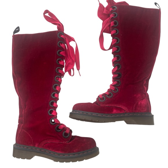 Dr. Martens Shoes - Doc Martens Red Velvet Lace-Up High Boots Size 7